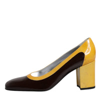 Dolce & Gabbana Yellow Brown Leather Block Heel Pumps Shoes