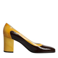 Dolce & Gabbana Yellow Brown Leather Block Heel Pumps Shoes