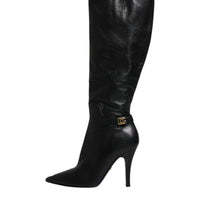 Dolce & Gabbana Black Leather Heels Knee High Boots Shoes