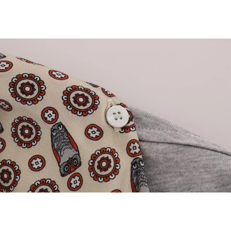 Dolce &amp; Gabbana Gray Cotton Owl Silk Scarf Top T-shirt
