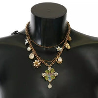 Dolce & Gabbana Gold Brass Crystal Floral Statement Charms Necklace