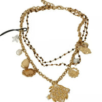 Dolce & Gabbana Gold Brass Crystal Floral Statement Charms Necklace