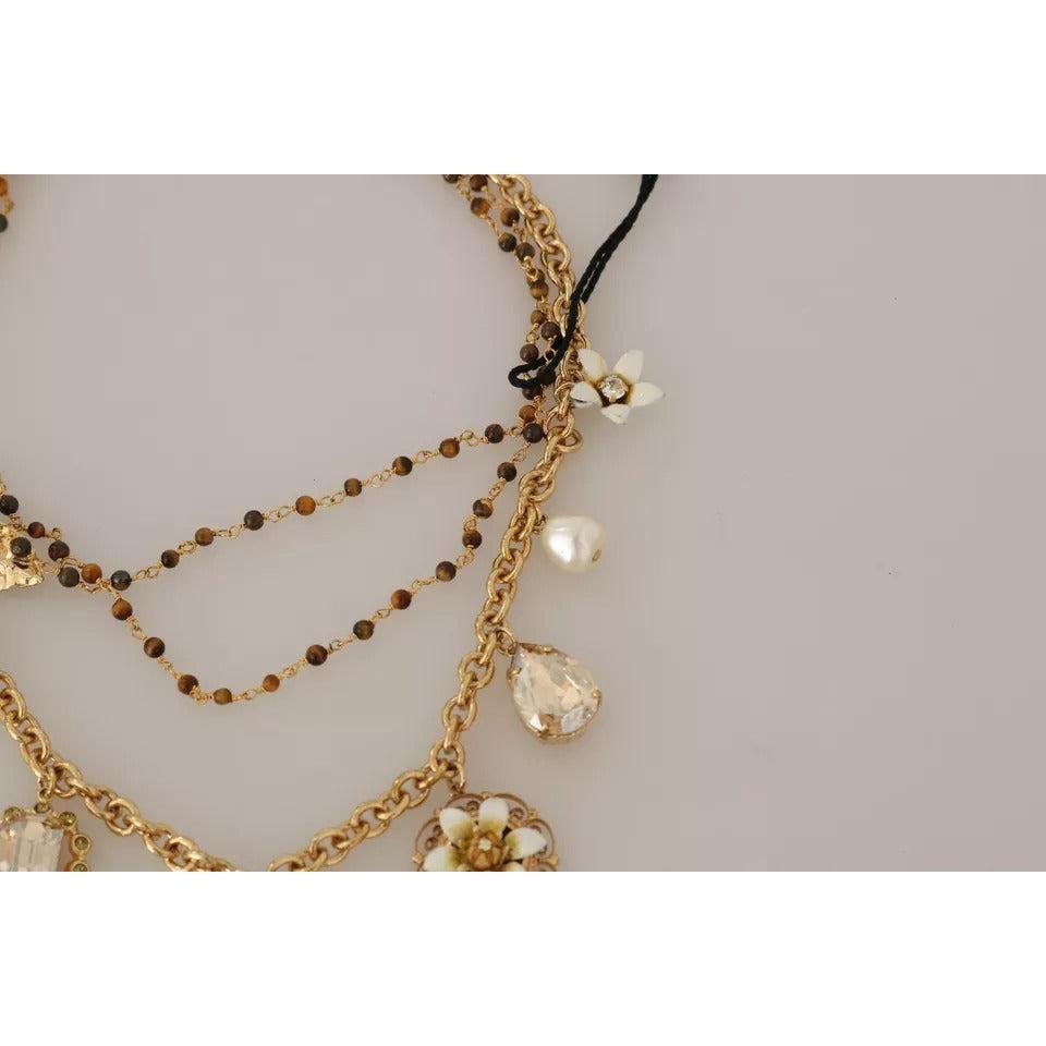 Dolce &amp; Gabbana Gold Brass Crystal Floral Statement Charms Necklace