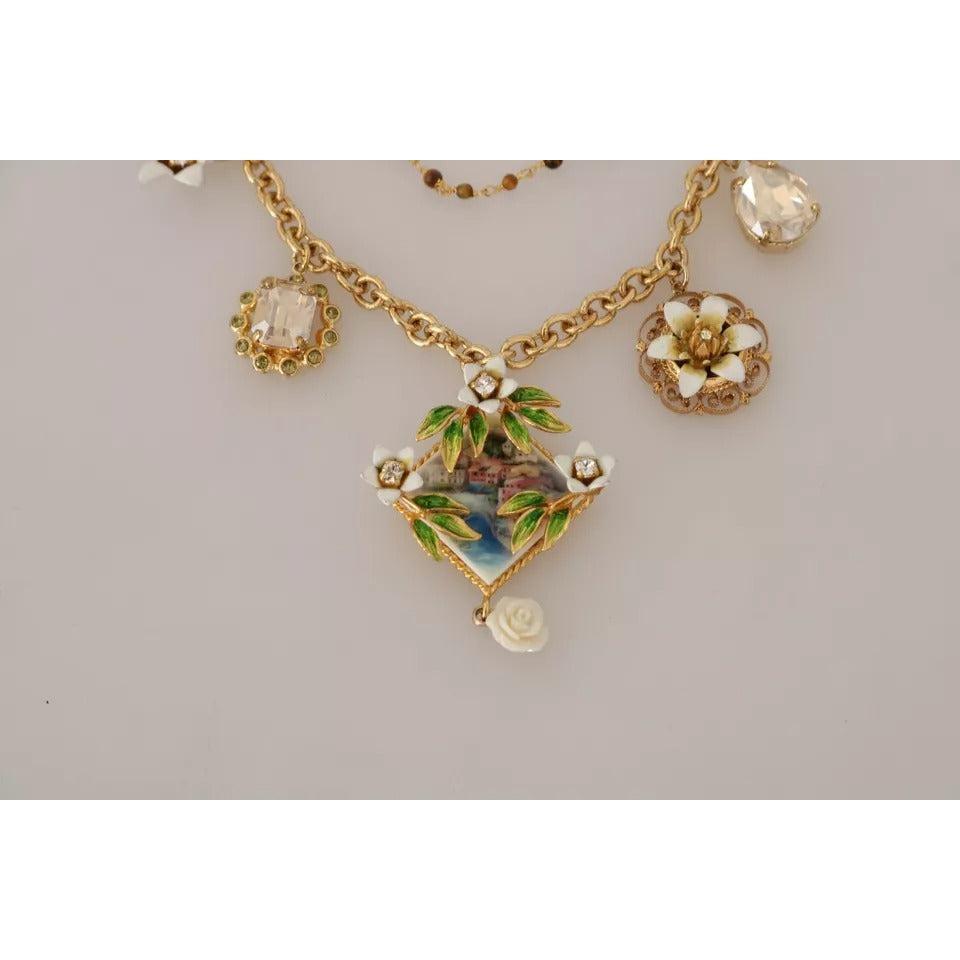 Dolce &amp; Gabbana Gold Brass Crystal Floral Statement Charms Necklace