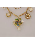 Dolce & Gabbana Gold Brass Crystal Floral Statement Charms Necklace