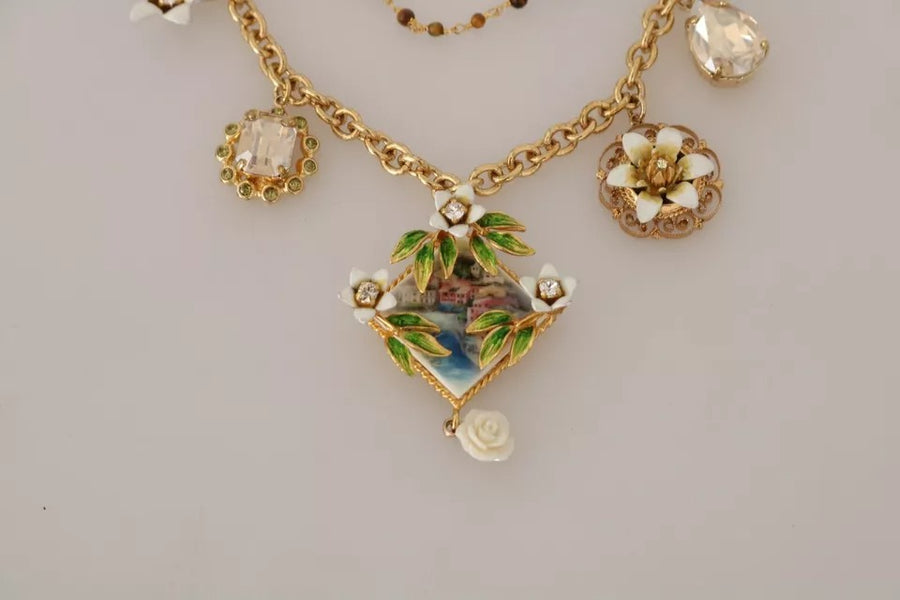 Dolce & Gabbana Gold Brass Crystal Floral Statement Charms Necklace