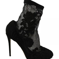 Dolce & Gabbana Black Tulle Stretch Floral Booties Shoes