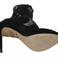 Dolce & Gabbana Black Tulle Stretch Floral Booties Shoes