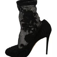 Dolce & Gabbana Black Tulle Stretch Floral Booties Shoes