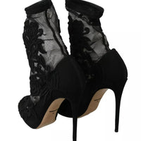 Dolce & Gabbana Black Tulle Stretch Floral Booties Shoes