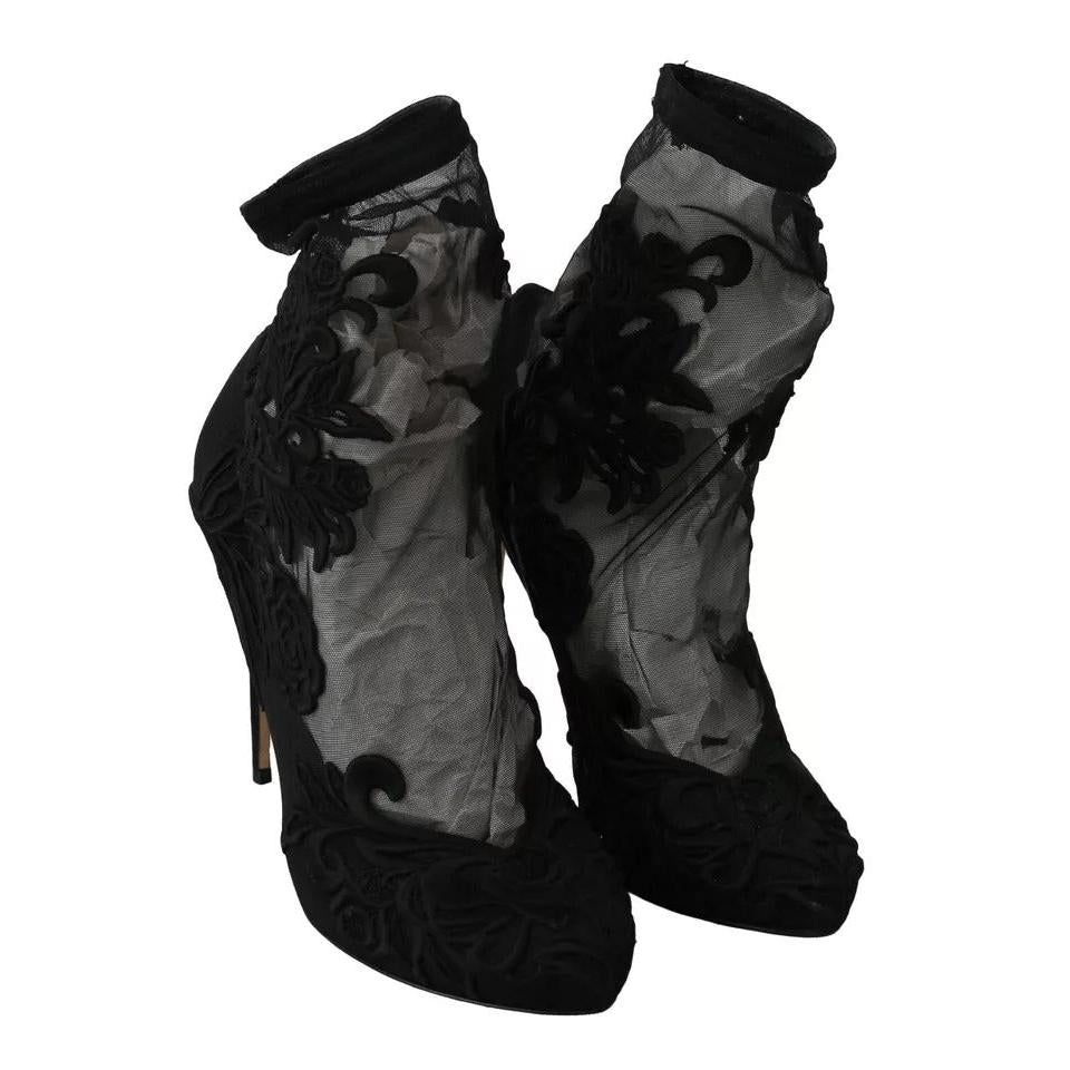 Dolce &amp; Gabbana Black Tulle Stretch Floral Booties Shoes