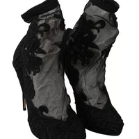 Dolce & Gabbana Black Tulle Stretch Floral Booties Shoes