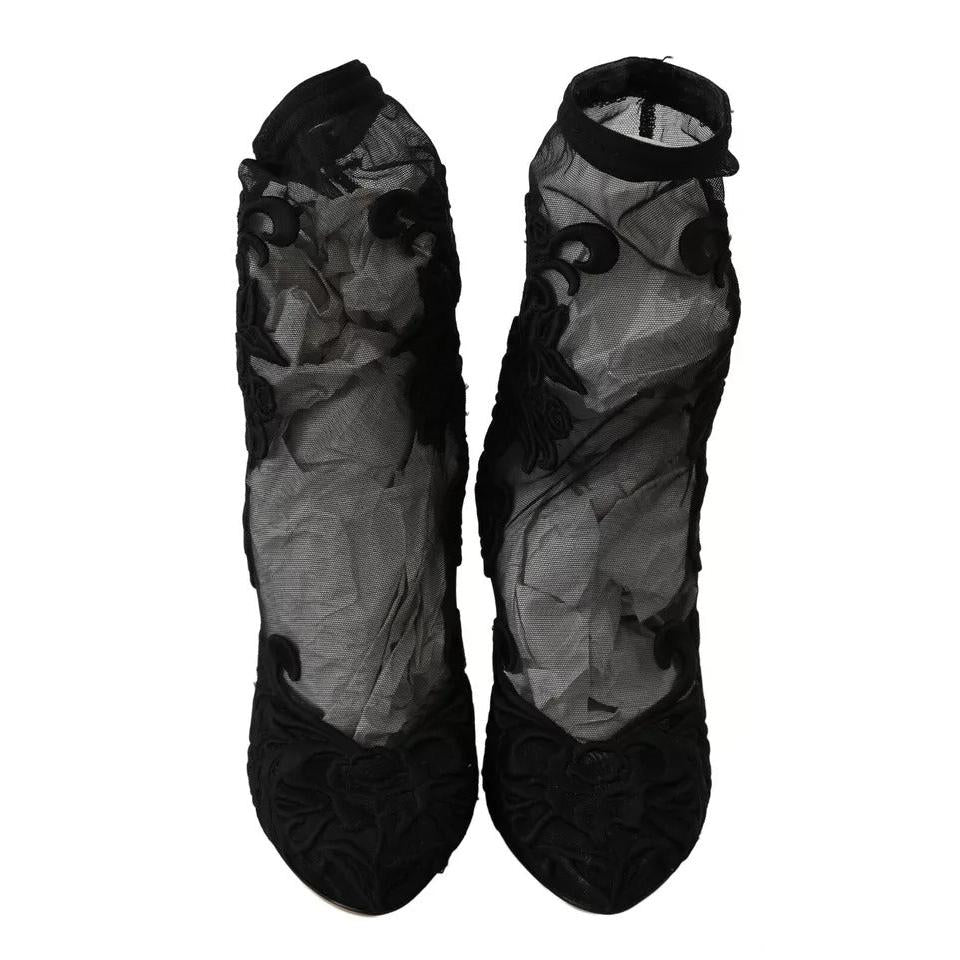 Dolce &amp; Gabbana Black Tulle Stretch Floral Booties Shoes
