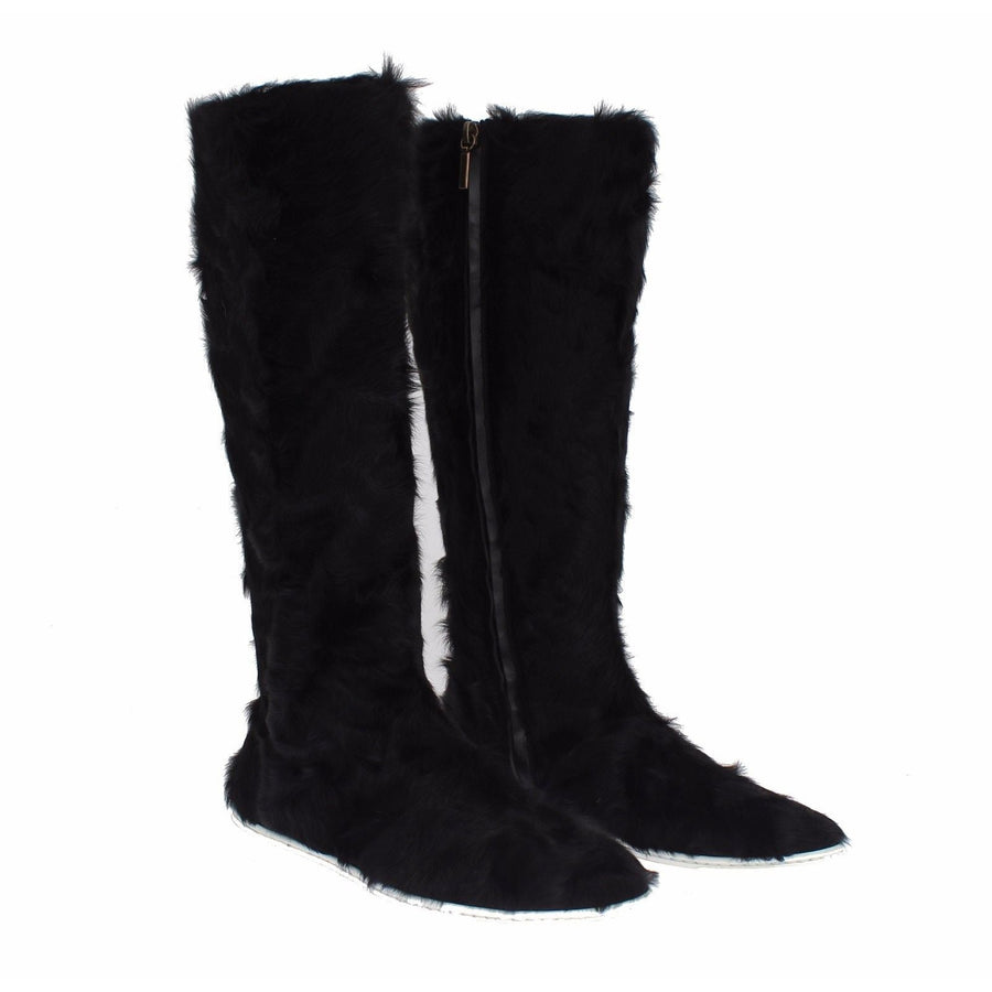 Dolce & Gabbana Elegant Black Fur Leather Flat Sneaker Boots