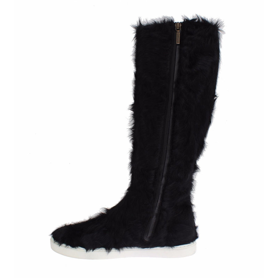 Dolce & Gabbana Elegant Black Fur Leather Flat Sneaker Boots