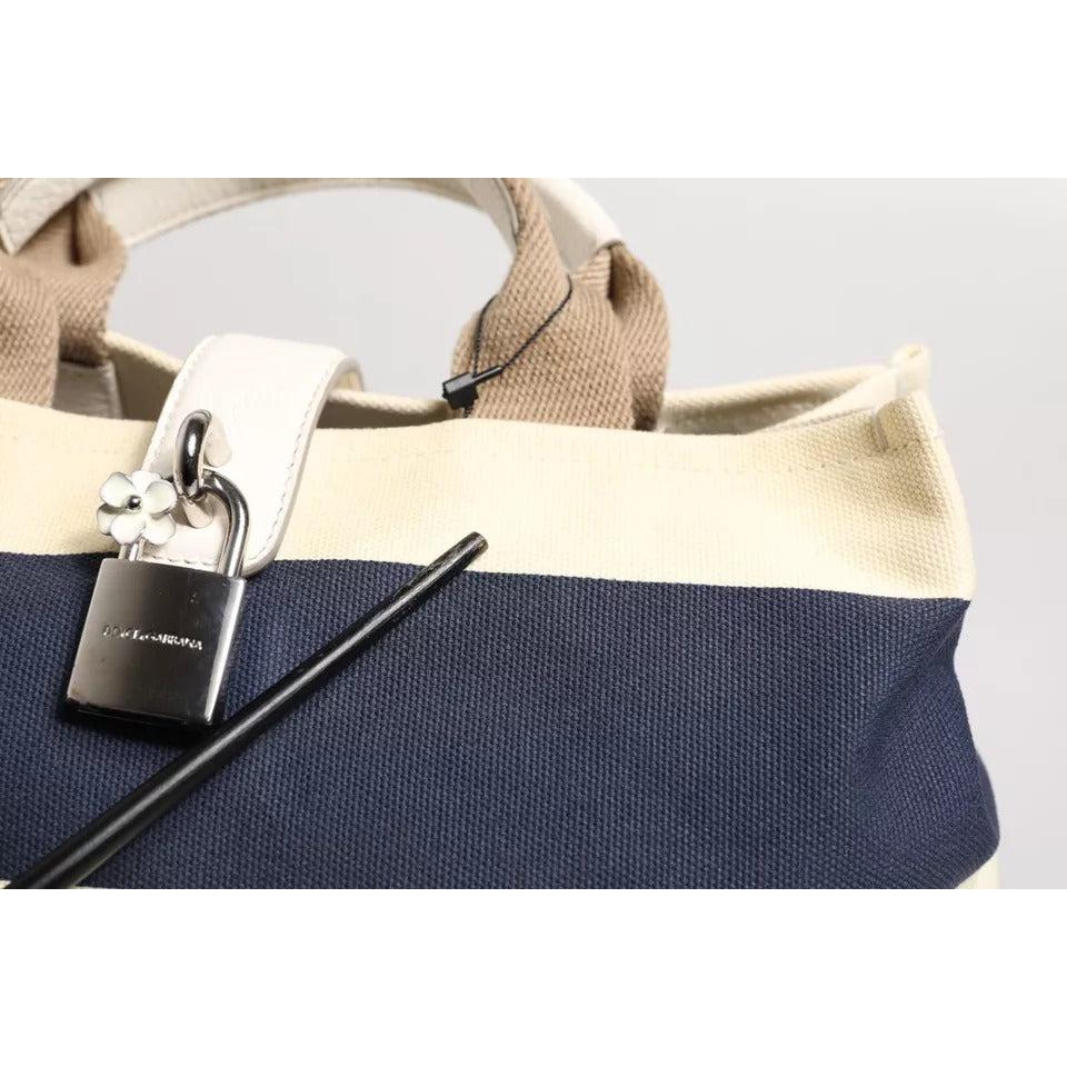 Dolce &amp; Gabbana White Navy Striped Canvas Top Handle Tote Bag