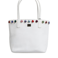 Dolce & Gabbana White Leather Crystal DG Logo Shoulder Tote Bag