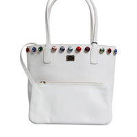 Dolce & Gabbana White Leather Crystal DG Logo Shoulder Tote Bag