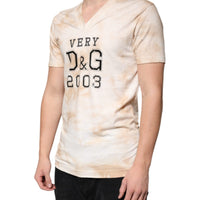 Dolce & Gabbana Beige Graphic Print Cotton V-neck T-shirt