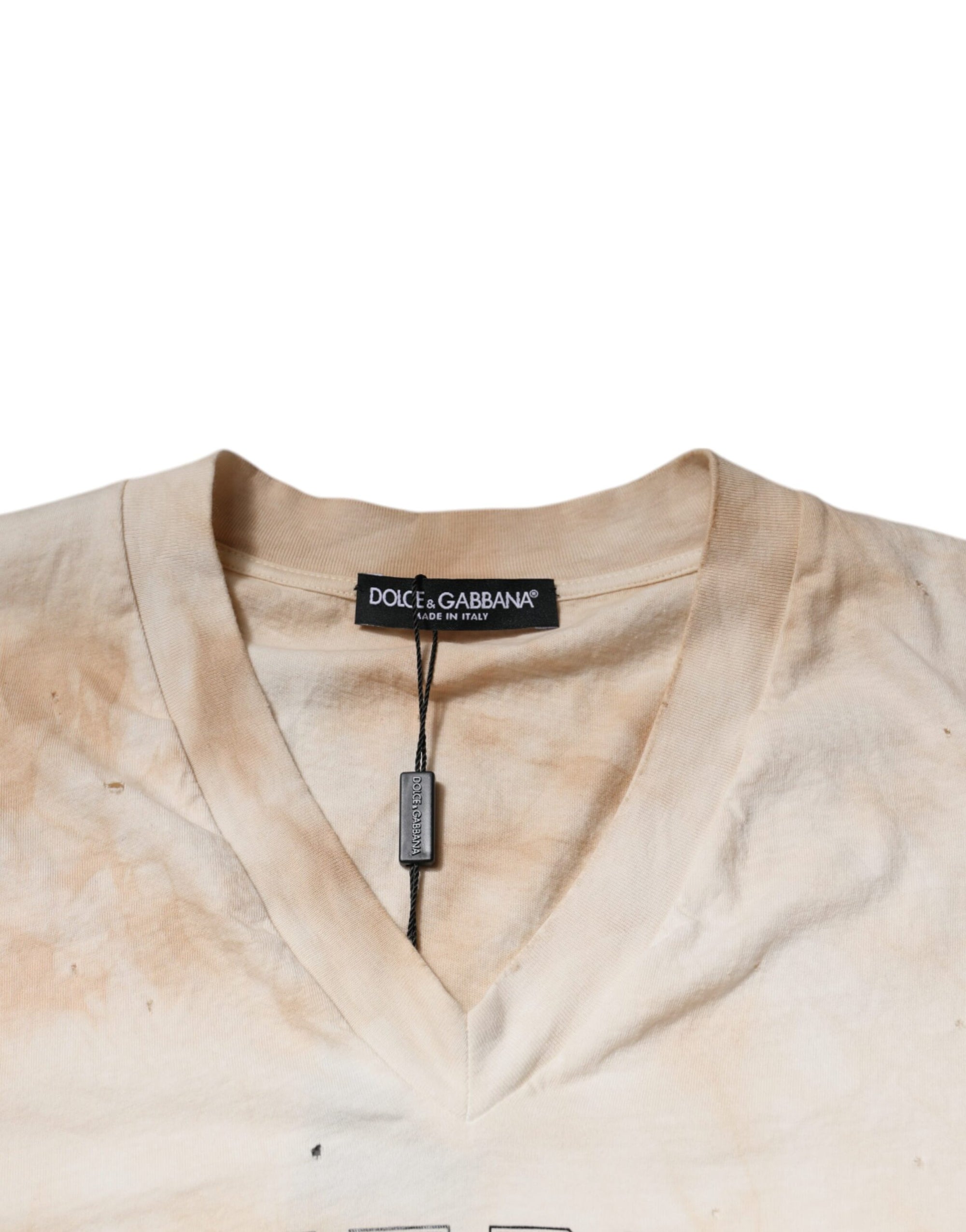 Dolce &amp; Gabbana Beige Graphic Print Cotton V-neck T-shirt