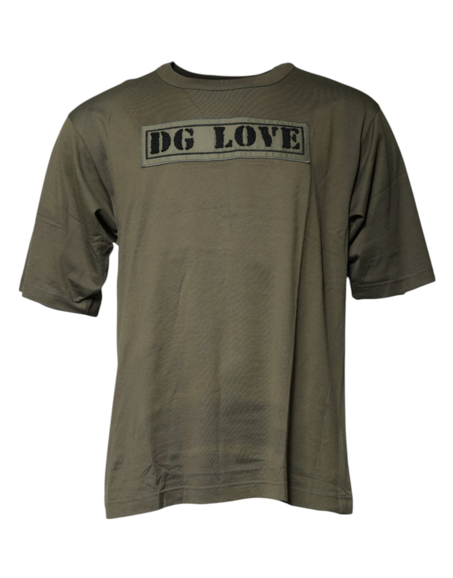 Dolce & Gabbana Army Green DG Love Cotton Crew Neck T-shirt