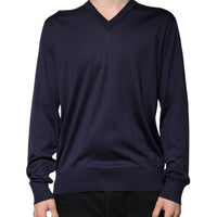 Dolce & Gabbana Navy Blue Silk V-neck Pullover Sweater