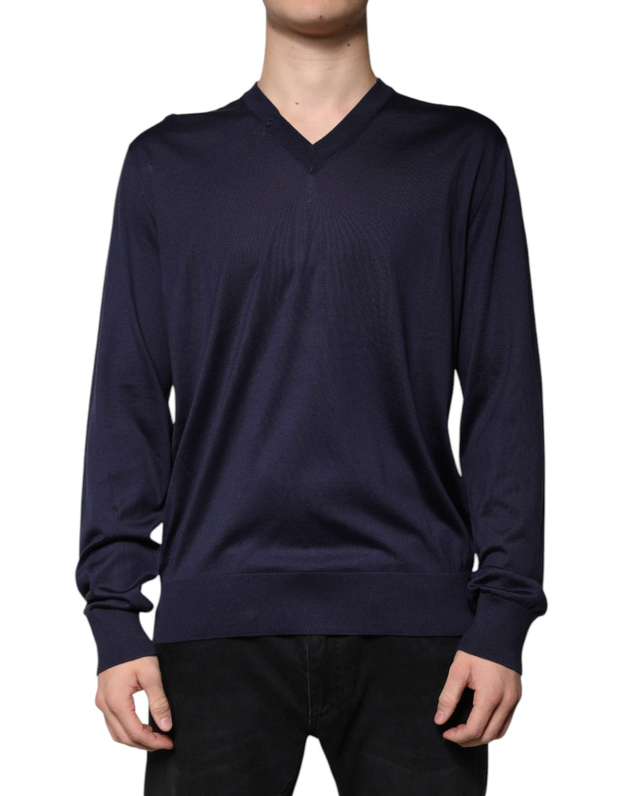 Dolce & Gabbana Navy Blue Silk V-neck Pullover Sweater