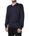 Dolce & Gabbana Navy Blue Silk V-neck Pullover Sweater