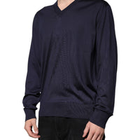 Dolce & Gabbana Navy Blue Silk V-neck Pullover Sweater