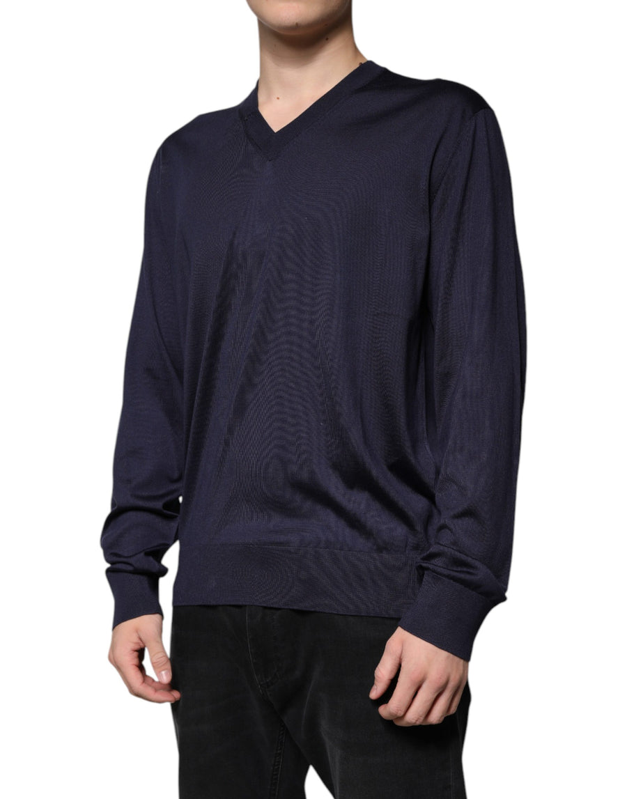 Dolce & Gabbana Navy Blue Silk V-neck Pullover Sweater