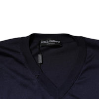 Dolce & Gabbana Navy Blue Silk V-neck Pullover Sweater