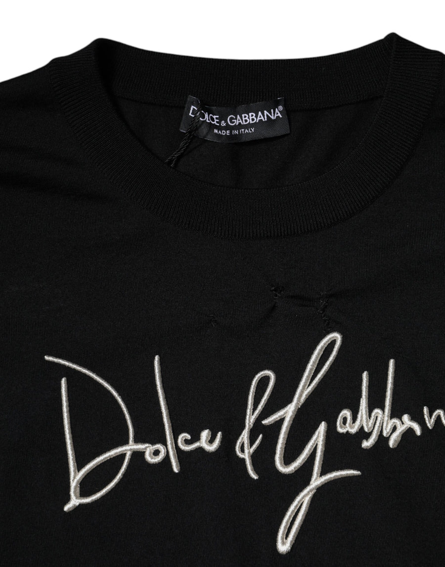 Dolce & Gabbana Black Logo Wool Crew Neck Pullover Sweater