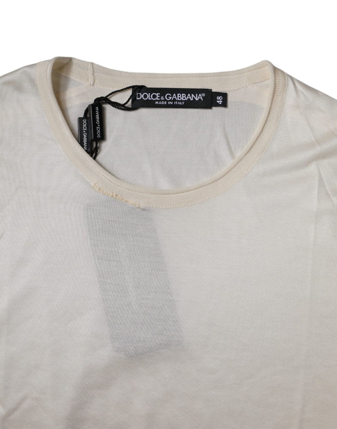 Dolce & Gabbana Off White Silk Crew Neck Short Sleeve T-shirt