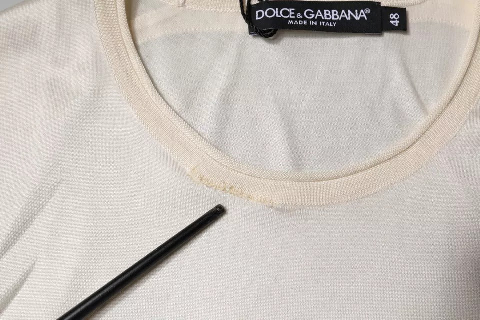 Dolce & Gabbana Off White Silk Crew Neck Short Sleeve T-shirt