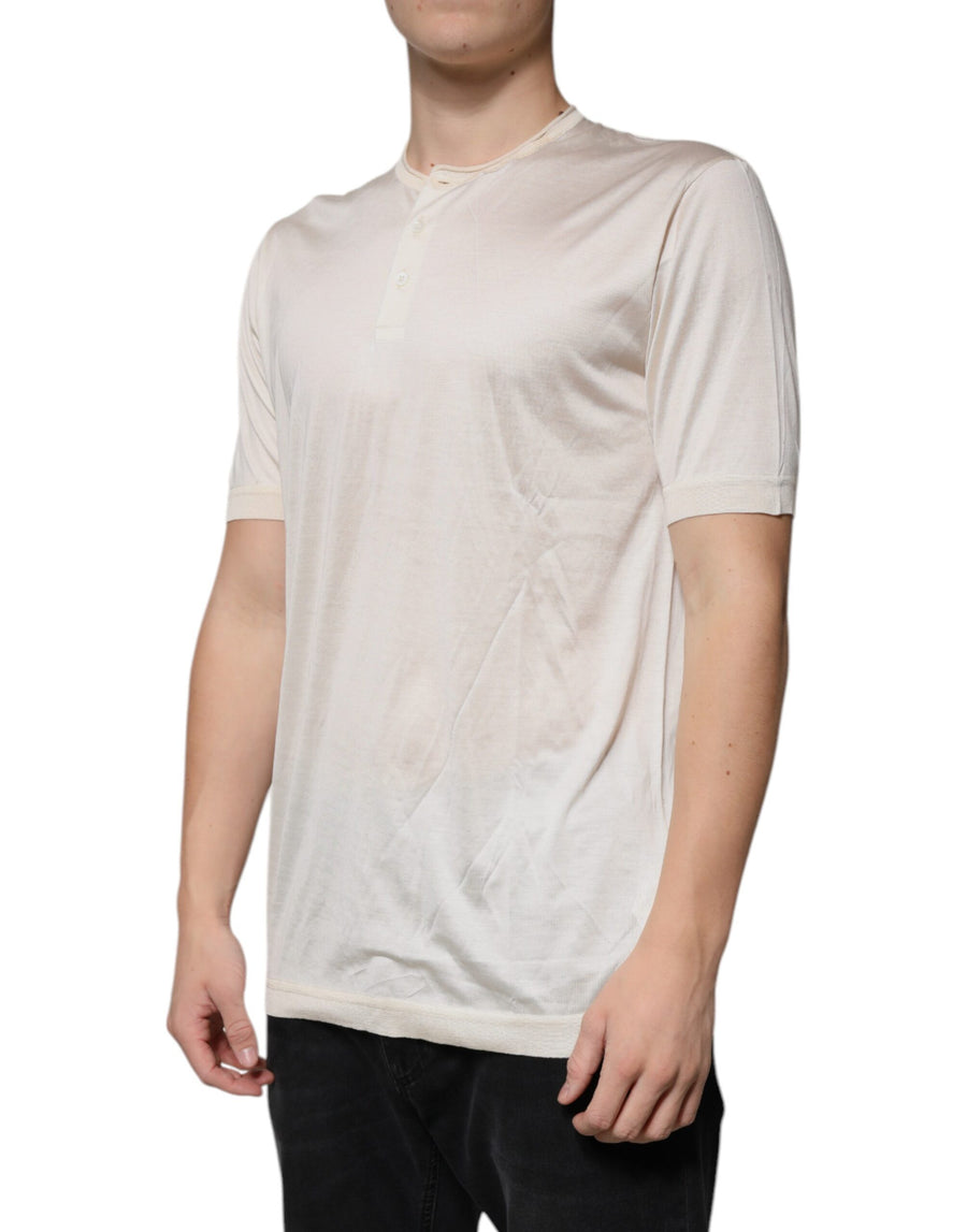 Dolce & Gabbana Off White Silk Crew Neck Henley T-shirt