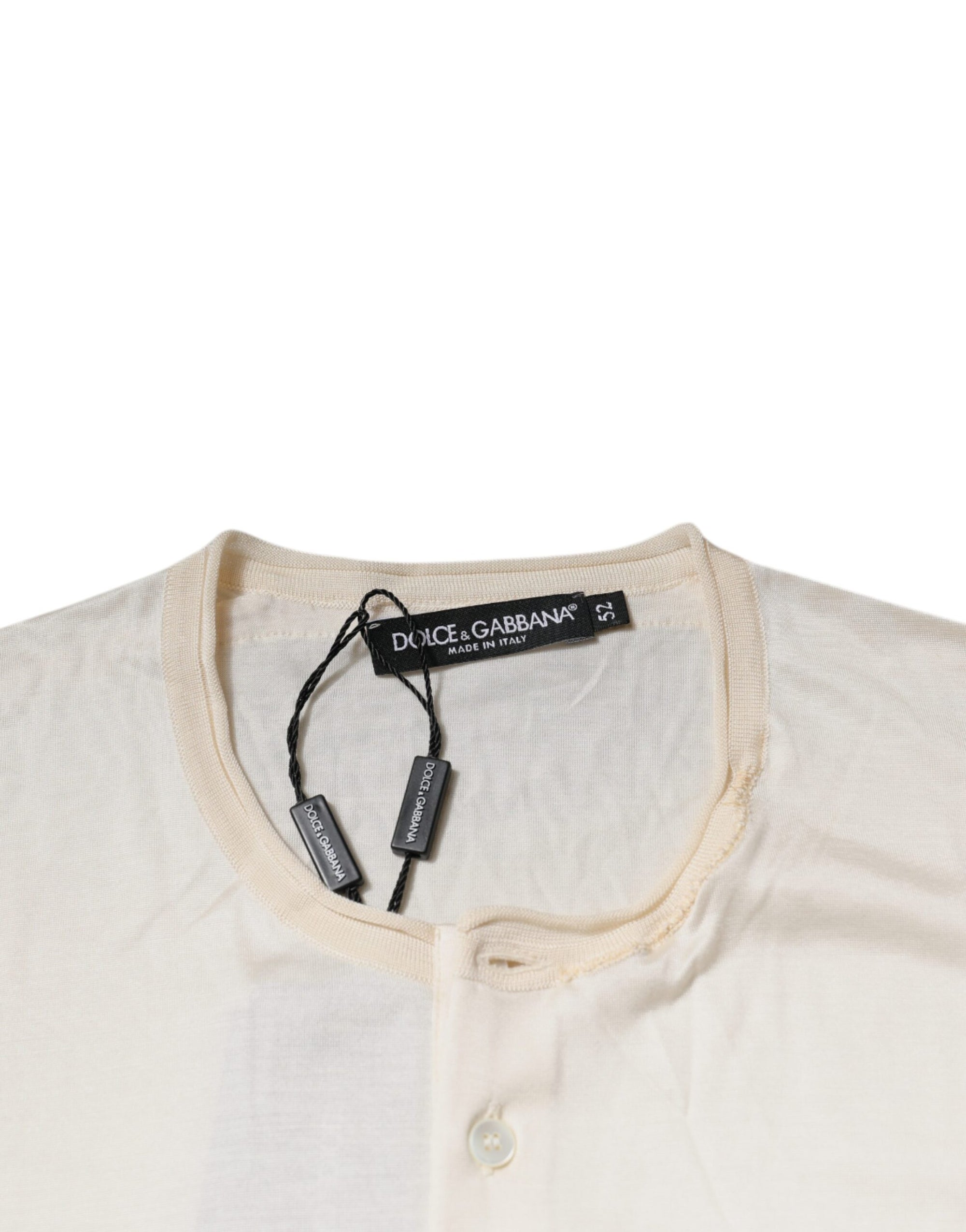 Dolce &amp; Gabbana Off White Silk Crew Neck Henley T-shirt