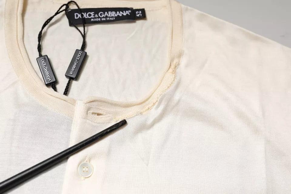 Dolce &amp; Gabbana Off White Silk Crew Neck Henley T-shirt