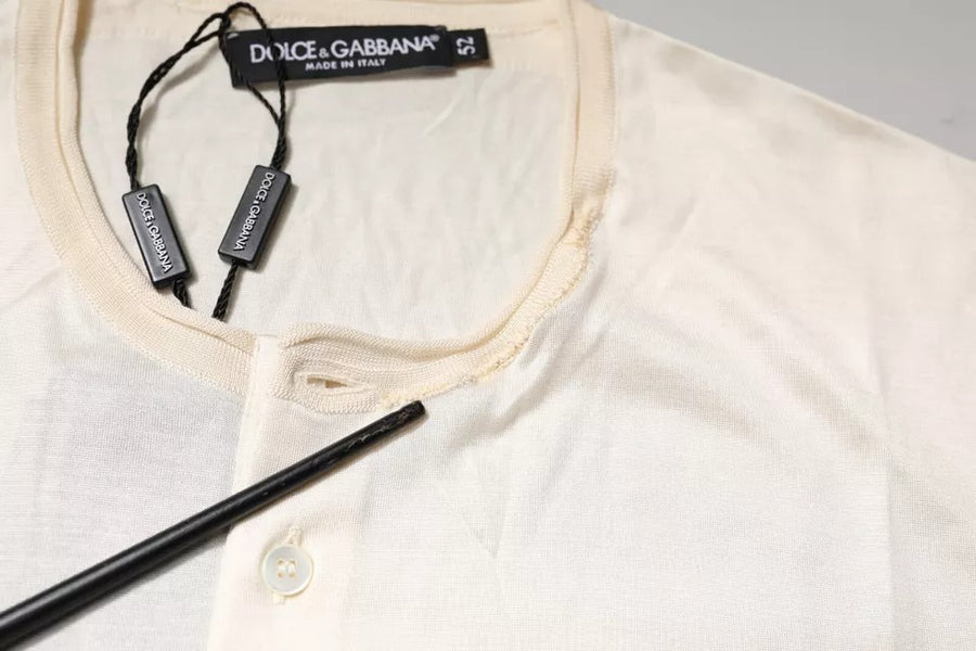 Dolce & Gabbana Off White Silk Crew Neck Henley T-shirt