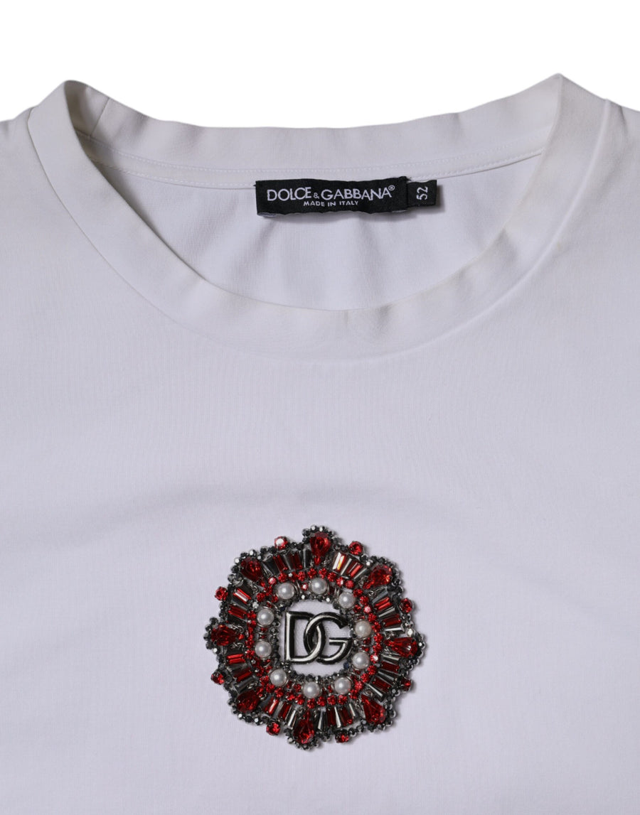 Dolce & Gabbana White Logo Embellished Crew Neck T-shirt