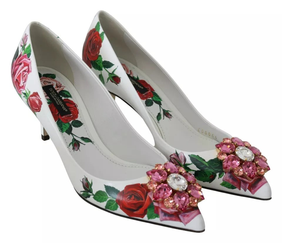 Dolce & Gabbana White Leather Roses Crystal Pumps Shoes