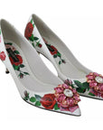 Dolce & Gabbana White Leather Roses Crystal Pumps Shoes