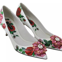 Dolce & Gabbana White Leather Roses Crystal Pumps Shoes