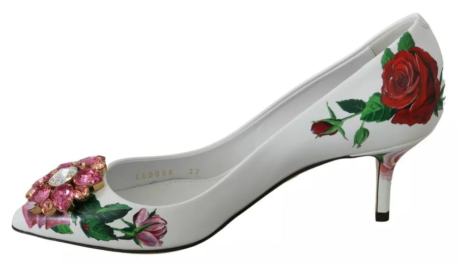 Dolce & Gabbana White Leather Roses Crystal Pumps Shoes