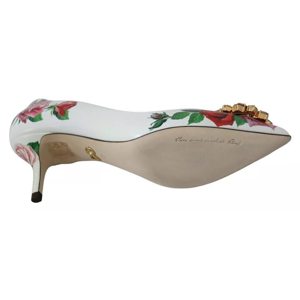 Dolce &amp; Gabbana White Leather Roses Crystal Pumps Shoes