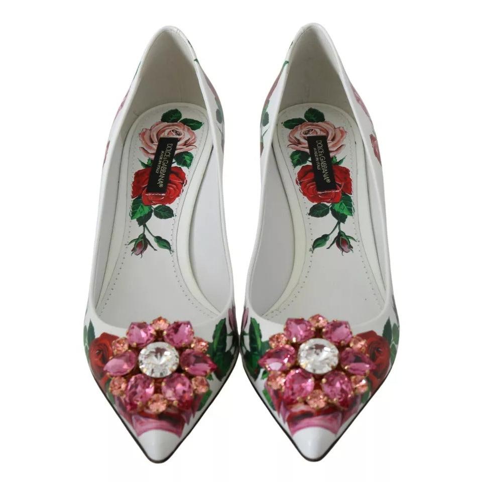 Dolce &amp; Gabbana White Leather Roses Crystal Pumps Shoes