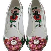 Dolce & Gabbana White Leather Roses Crystal Pumps Shoes