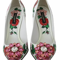 Dolce & Gabbana White Leather Roses Crystal Pumps Shoes