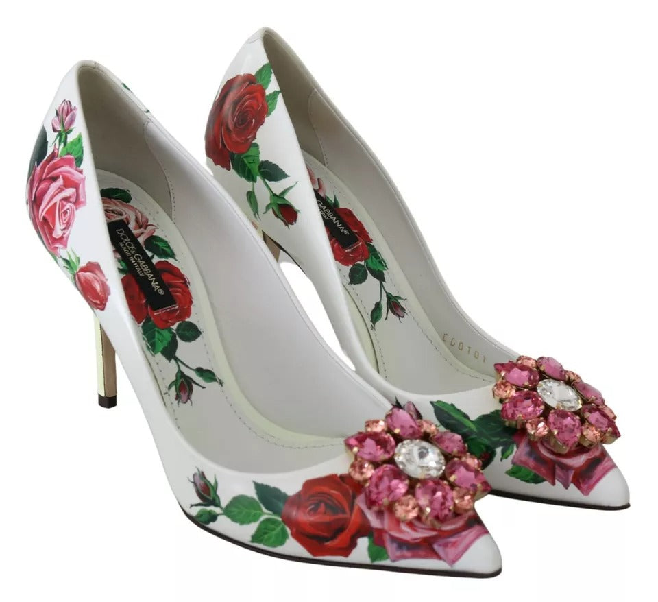 Dolce & Gabbana White Leather Roses Crystal Pumps Shoes