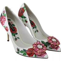 Dolce & Gabbana White Leather Roses Crystal Pumps Shoes