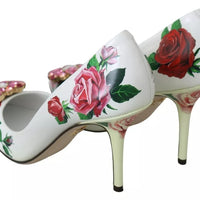 Dolce & Gabbana White Leather Roses Crystal Pumps Shoes